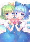  2girls :d :o ahoge blue_bow blue_dress blue_eyes blue_hair blue_wings bow box cirno collared_shirt commentary_request daiyousei detached_wings dress fairy_wings gift gift_box green_hair hair_bow heart-shaped_box highres holding holding_gift ice ice_wings looking_at_viewer multiple_girls neck_ribbon one_side_up pjrmhm_coa puffy_short_sleeves puffy_sleeves red_ribbon ribbon shirt short_sleeves sleeveless sleeveless_dress smile touhou white_background white_shirt wings yellow_bow 