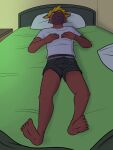  anthro anthrofied barefoot bed boxers_(clothing) clothed clothing erection erection_under_clothing feet furniture fuze generation_9_pokemon hi_res jawk_(fuze) lying male maschiff nintendo on_back on_bed pantsless pokemon pokemon_(species) pokemorph shirt solo t-shirt tenting topwear underwear 