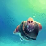  1boy absurdres air_bubble ammunition_belt bald brown_eyes bubble bulletproof_vest fat fat_man fish heavy_(tf2) highres looking_ahead male_focus meme puffy_cheeks solo swimming team_fortress_2 underwater versitytf water_monke_(meme) 