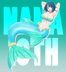  1girl :d absurdres armpits arms_up bangs bikini blue_hair blush borrowed_character breasts character_name cleavage collarbone commentary english_commentary fins fukami_nana full_body green_background green_bikini green_eyes hair_flaps highres kiria_ai large_breasts looking_at_viewer mermaid monster_girl navel open_mouth original simple_background smile solo swimsuit 