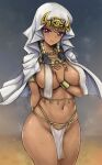  1girl arm_behind_back armlet belly_chain black_hair blush breast_curtains breasts cleavage closed_mouth commentary_request covered_nipples cowboy_shot dark-skinned_female dark_skin eye_of_horus forehead_jewel hair_tubes hand_on_own_chest highres ishizu_ishtar jewelry large_breasts long_hair looking_at_viewer millennium_necklace navel pelvic_curtain r-binon skindentation solo standing stomach sweat usekh_collar veil wristlet yu-gi-oh! yu-gi-oh!_duel_monsters 