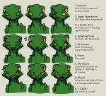  alien cadets_(md34) caption dialogue disgust expression_sheet fangs female frown green_body humanoid md34 one_eye_closed open_mouth posthuman puck scheming sharp_teeth smile smug solo surprise teeth tentacles text thelmani_(md34) tongue tongue_out wink 