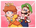  1boy 1girl blue_eyes blue_overalls blush border brown_hair crown dress facial_hair gift gloves hat heart long_hair luigi mario_(series) mustache omayu5463 open_mouth orange_dress overalls princess_daisy shirt white_border white_gloves 