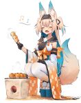  1girl ^_^ animal_ear_fluff animal_ears bangs black_gloves black_hairband black_ribbon blue_hair closed_eyes colored_inner_hair cooking dango detached_sleeves drooling eighth_note fang food fox_ears fox_girl fox_tail full_body gloves hair_between_eyes hair_ornament hair_ribbon hairband hairclip hakama hakama_short_skirt hakama_skirt half_gloves highres holding inre_kemomimi japanese_clothes light_brown_hair long_hair mitarashi_dango multicolored_hair musical_note obi open_mouth original platform_footwear ribbon sailor_collar sash simple_background skin_fang skirt solo squatting streaked_hair tabi tail thighhighs two_side_up wagashi white_background white_thighhighs wide_sleeves 