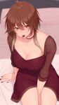  1girl aketa_mikoto arm_between_legs bed_sheet blush breasts brown_hair cleavage collarbone dress fingernails highres idolmaster idolmaster_shiny_colors kirou_(kiruyuu1210) large_breasts looking_at_viewer mouth_hold nail_polish on_bed red_dress sitting smile solo 