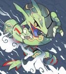  akadako claws cloud cloudy_sky colored_skin commentary commentary_request fangs green_skin looking_at_viewer no_humans open_mouth outdoors pokemon pokemon_(creature) rain rayquaza sky solo storm wind yellow_eyes 