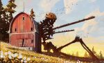  abandoned barn bird blue_sky cloud commentary dandelion day english_commentary field flock flower flower_field giant giant_skeleton grass jocelin_carmes knees_up no_humans original outdoors scenery sitting skeleton sky stab tree 