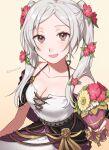  1girl :d bare_shoulders bouquet breasts brown_eyes cleavage commentary dress fire_emblem fire_emblem_awakening flower grey_hair highres holding holding_bouquet long_hair looking_at_viewer open_mouth peach11_01 red_flower robin_(female)_(fire_emblem) robin_(fire_emblem) simple_background smile solo twintails upper_body white_dress yellow_background 