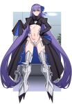  1girl armored_boots bangs blue_eyes blue_ribbon blush boots breasts cropped_jacket crotch_plate fate/extra fate/extra_ccc fate_(series) full_body hair_ribbon highres long_hair long_sleeves looking_at_viewer meltryllis_(fate) muta_poo navel prosthesis prosthetic_leg purple_hair ribbon sleeves_past_fingers sleeves_past_wrists small_breasts smile solo underboob very_long_hair 