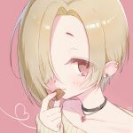  1girl black_choker blonde_hair blush chocolate choker collarbone ear_piercing food hair_over_one_eye heart highres holding holding_chocolate holding_food idolmaster idolmaster_cinderella_girls looking_at_viewer off-shoulder_sweater off_shoulder one_eye_covered piercing pink_background portrait red_eyes ribbed_sweater satoshi_(tomog0000) shirasaka_koume simple_background smile solo sweater 