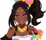 1girl bangs bare_shoulders breasts brown_hair dark-skinned_female dark_skin fire_emblem fire_emblem_engage hair_ornament highres jacinth_peters jewelry long_hair looking_at_viewer medium_breasts open_mouth ponytail smile solo star-shaped_pupils star_(symbol) symbol-shaped_pupils teeth timerra_(fire_emblem) tongue upper_body upper_teeth_only very_dark_skin 