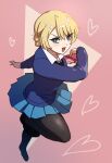  1girl bangs black_footwear black_pantyhose blonde_hair blue_eyes blue_skirt blue_sweater braid commentary darjeeling_(girls_und_panzer) dress_shirt full_body gift girls_und_panzer heart holding holding_gift kiya_hajime leaning_forward leg_up long_sleeves looking_at_viewer miniskirt open_mouth pantyhose pleated_skirt school_uniform shirt shoes short_hair skirt smile solo st._gloriana&#039;s_school_uniform standing standing_on_one_leg sweater twin_braids valentine white_shirt wing_collar 