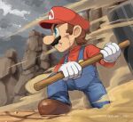  1boy blue_eyes blue_overalls boots brown_footwear brown_hair dust_cloud facial_hair gloves grey_sky hammer hat highres holding holding_hammer mario mario_(series) mustache outdoors overalls red_headwear red_shirt rock shirt white_gloves ya_mari_6363 