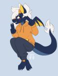  2019 anthro biped black_bottomwear black_clothing black_pants blue_background blue_body blue_scales blue_wings blush bottomwear clothing dragon fleurfurr gesture hair hi_res hoodie male multi_tone_ears multicolored_body multicolored_hair multicolored_scales open_mouth orange_clothing orange_hoodie orange_topwear pants scales simple_background solo sweatpants teeth topwear two_tone_body two_tone_scales two_tone_tail v_sign watermark white_hair white_tail_tip wings yellow_eyes yellow_inner_ear yellow_wings 