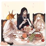  3boys ^_^ androgynous apple black_hood black_robe blonde_hair chair chewing circlet closed_eyes crown cup dark_sun_gwyndolin donar0217 dress eating falling_petals flower food fork fruit fruit_basket grapes hand_on_own_cheek hand_on_own_face holding holding_cup icing lothric_(younger_prince) miquella_(elden_ring) multiple_boys otoko_no_ko pastry petals pink_ribbon ribbon robe sitting spoon strawberry sugar_cube table teacup teapot tiara white_dress white_hair white_robe 