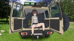  absurdres acrux akiyama_yukari ankle_boots artist_logo backpack bag bangs black_footwear blue_skirt blue_sky boots brown_eyes brown_hair car casual closed_mouth cloud cloudy_sky commentary crotch_seam dated day drawstring english_commentary forest girls_und_panzer grass grey_hoodie grey_skirt ground_vehicle highres hood hood_down hoodie messy_hair miniskirt motor_vehicle nasa_logo nature outdoors panties pantyshot photo_background short_hair sitting skirt sky smile sports_utility_vehicle spread_legs underwear 