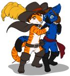  2023 alpha_channel anthro blue_body blue_eyes blue_fur brown_hair clothed clothing digital_media_(artwork) domestic_cat dreamworks duo felid feline felis female fingers fur hair hi_res kitty_softpaws kittydee male mammal puss_in_boots_(dreamworks) puss_in_boots_(film) simple_background spots spotted_body spotted_fur standing transparent_background 