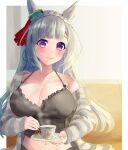  1girl animal_ears black_shirt blush braid breasts camisole cleavage closed_mouth crop_top crown_braid cup fur_jacket grey_hair grey_jacket highres holding holding_cup holding_saucer horse_ears jacket kitsune_yuki large_breasts long_hair long_sleeves looking_at_viewer mejiro_ardan_(umamusume) midriff navel official_art purple_eyes saucer shirt single_bare_shoulder sitting smile solo steam teacup umamusume upper_body 