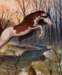  2023 ambiguous_gender anatomically_correct brown_hair brown_mane brown_tail creek detailed_background digital_media_(artwork) equid equine female_(lore) feral grass hair hi_res hooves horse jumping mammal mane missing_eye multicolored_body plant scarla_(scarlanya) scarlanya solo tail tree two_tone_body water_drop 