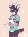  2019 aloha_shirt anthro antlers beverage black_body black_fur black_hair black_tail blue_eyes bottomless chest_tuft clothed clothing coffee coffee_cup collar container crotch_tuft cup deer eyewear fleurfurr fur glasses grey_body grey_ears grey_fur grey_inner_ear grey_nose hair headphones horn inner_ear_fluff looking_at_object looking_at_phone male mammal multi_tone_fur pattern_clothing pattern_shirt pattern_topwear phone shirt simple_background solo tail topwear topwear_only tuft two_tone_tail watermark white_body white_fur 