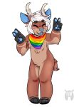  2019 antlers bandanna black_body black_ears black_fur blue_inner_ear blue_nose blue_pawpads blue_tongue blush brown_body brown_ear brown_fur brown_tail chibi crotch_tuft dipstick_tail eyes_closed facial_piercing fleurfurr fur gesture hair happy hi_res horn jackalope kerchief lagomorph lgbt_pride male mammal markings multi_tone_fur multicolored_ears multicolored_hair nose_piercing nose_ring open_mouth pawpads piercing pride_color_bandanna pride_colors ring_piercing simple_background solo tail tail_markings tongue tuft two_tone_ears two_tone_tail v_sign watermark white_background white_hair 