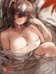  1girl animal_ears bathing breasts brown_hair cleavage hair_between_eyes highres horse_ears horse_girl inaba_(usanopo) large_breasts light_smile long_hair looking_at_viewer multicolored_hair naked_towel partially_submerged red_eyes sirius_symboli_(umamusume) solo streaked_hair towel umamusume white_hair 