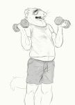  2019 anthro belly bodily_fluids bottomwear cettus cettus_chaput clothing domestic_ferret exercise holding_object holding_weights male mammal mustelid musteline open_mouth shirt shorts sketch slightly_chubby slightly_chubby_anthro slightly_chubby_male solo standing sweat topwear true_musteline weasel weightlifting workout 
