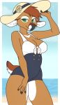  2018 ambient_bird anthro avian beach biped bird black_nose breasts brown_body brown_eyes brown_fur cleavage clothed clothing cloud countershade_face countershade_fur countershade_legs countershade_thighs countershading deer digital_media_(artwork) eyebrows female flat_colors fur green_eyes hat headgear headwear looking_at_viewer mammal outside portrait sand scut_tail sea seaside short_tail sky standing straw_hat tail three-quarter_portrait water zyira 