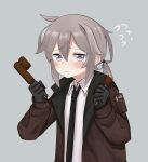  1girl absurdres ahoge american_flag bangs black_gloves black_necktie blush brown_jacket closed_mouth collared_shirt double_popsicle failure flying_sweatdrops furrowed_brow girls&#039;_frontline gloves grey_background grey_hair hair_between_eyes half-split_chopsticks highres holding_ice_cream jacket light_frown long_sleeves looking_at_viewer low_ponytail m200_(girls&#039;_frontline) necktie open_clothes open_jacket pepsi2330 purple_eyes sad shirt simple_background solo tearing_up upper_body wavy_eyes white_shirt 