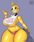 animatronic anthro avian beakless bib big_breasts big_butt bird black_sclera breasts butt chicken clothing dangodanger duo english_text exclamation_point female five_nights_at_freddy&#039;s five_nights_at_freddy&#039;s_2 galliform gallus_(genus) hand_on_head hat headgear headwear hi_res huge_breasts huge_butt human machine male mammal non-mammal_breasts panties phasianid profanity robot scottgames smile text thick_thighs toy_chica_(fnaf) underwear white_eyes wide_hips yellow_body 