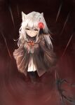  1girl animal_ear_fluff animal_ears black_pantyhose black_robe dress expressionless highres long_hair long_sleeves looking_at_viewer nagori_en_name open_clothes open_robe original pantyhose red_eyes robe white_dress 