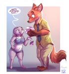  anthro birthday brownieclop bulge canid canine clothed clothing cuckold disney duo english_text female female/female fox fur grey_body grey_fur hi_res judy_hopps lagomorph leporid looking_at_porn male mammal nick_wilde orange_body pornography rabbit red_fox simple_background smile text zootopia 
