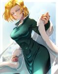  1girl absurdres android_18 artist_name bead_necklace beads blonde_hair blue_eyes breasts cloak commentary cosplay covered_nipples dragon_ball dragon_ball_z dress earrings fubuki_(one-punch_man) fubuki_(one-punch_man)_(cosplay) fur_cloak green_dress highres hoop_earrings jewelry large_breasts long_dress long_sleeves medium_hair necklace one-punch_man sarulart signature solo symbol-only_commentary 
