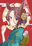  1girl alternate_hairstyle animal_ears blue_eyes blush brown_hair closed_mouth green_kimono hair_between_eyes hair_bun hair_ornament hand_up happy_new_year highres horse_ears horse_girl japanese_clothes kimono looking_at_another looking_at_viewer narita_taishin_(umamusume) obi sash short_hair smile solo solokitsune umamusume upper_body 