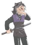  1boy belt black_hair black_jacket black_pants bruise bruise_on_face colored_sclera covered_mouth cowboy_shot demon_slayer_uniform hand_up highres injury jacket kimetsu_no_yaiba long_sleeves looking_away looking_to_the_side male_focus medium_hair mohawk pants purple_vest red_sclera scar scar_on_face scar_on_nose sheath shinazugawa_genya simple_background solo sword sword_on_back torn_clothes torn_sleeves unsheathing vest weapon weapon_on_back white_background wiping_face zooooo_co 