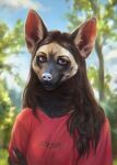  2022 anthro black_body black_fur blue_nose blue_sky blurred_background brown_eyes brown_hair bust_portrait canid cheek_tuft clothed clothing dated facial_tuft female fur glistening glistening_eyes hair hi_res looking_at_viewer lostgoose mammal neck_tuft open_mouth outside portrait red_clothing red_shirt red_topwear shirt signature sky solo tan_body tan_fur topwear tuft 