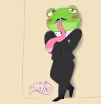  amphibian amphibian_humanoid animal_humanoid anthro clothing drooling_tongue frog_humanoid hi_res humanoid jamack larxiearveri male solo suit 