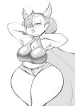  big_breasts bottomwear breasts clothing cocco curvy_figure cutoffs denim denim_clothing disney eyelashes fangs female hair hands_behind_head hekapoo hi_res horn horned_humanoid hourglass_figure humanoid humanoid_pointy_ears line_art lips long_hair looking_at_viewer monochrome navel not_furry shorts simple_background solo star_vs._the_forces_of_evil teeth thick_thighs white_background 