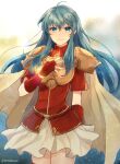  1girl aqua_hair armor blue_eyes breastplate cape eirika_(fire_emblem) fingerless_gloves fire_emblem fire_emblem:_the_sacred_stones gloves gradient_background highres jewelry leaf_(esabacoo) miniskirt red_gloves red_shirt ring shirt short_sleeves simple_background skirt smile solo twitter_username white_cape white_skirt zettai_ryouiki 