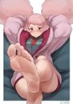 1girl absurdres afro_puffs aomoro arms_behind_head asticassia_school_uniform barefoot blush chuatury_panlunch feet foot_focus gundam gundam_suisei_no_majo highres looking_at_viewer pink_hair presenting_foot red_eyes school_uniform sitting soles solo toes 