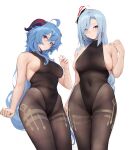  2girls ahoge bangs bare_arms bare_shoulders black_leotard black_pantyhose blue_hair blush bodystocking breasts chela77 closed_mouth commentary commentary_request covered_navel eyes_visible_through_hair ganyu_(genshin_impact) genshin_impact goat_horns groin hair_ornament hair_over_one_eye highleg highleg_leotard highres horns large_breasts leotard leotard_under_clothes long_hair looking_at_viewer multiple_girls pantyhose purple_eyes shenhe_(genshin_impact) sideboob simple_background skindentation sleeveless smile thighlet thighs white_background 
