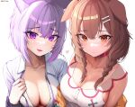  2girls absurdres animal_ear_fluff animal_ears artist_name bone_hair_ornament bow braid breasts brown_eyes brown_hair cat_ears cat_girl cleavage closed_mouth collar collarbone collared_shirt commentary dog_ears dog_girl dress_shirt fang hair_ornament heart highres hololive inugami_korone jacket kkato large_breasts light_purple_hair long_hair long_sleeves looking_at_viewer low_twin_braids multiple_girls naked_shirt nekomata_okayu no_bra open_clothes open_jacket open_mouth open_shirt purple_eyes purple_jacket purple_ribbon raised_eyebrows ribbon shirt short_hair side-by-side sidelighting simple_background skin_fang sleeveless sleeveless_shirt symbol-only_commentary twin_braids upper_body virtual_youtuber white_background white_shirt yellow_jacket 