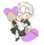  1boy alternate_costume angry apron black_dress black_footwear broom chibi clenched_teeth colored_shoe_soles crossdressing dress enmaided foot_up frilled_apron frilled_sleeves frills full_body heart high_heels holding holding_broom juliet_sleeves kimetsu_no_yaiba knee_up long_sleeves looking_at_viewer maid maid_apron maid_headdress male_focus pantyhose puffy_sleeves scar scar_on_face scar_on_forehead scar_on_nose shinazugawa_sanemi shoe_soles short_hair solo teeth white_hair white_pantyhose wide-eyed zooooo_co 