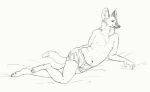  2019 anthro barefoot briefs briefs_only canid canine cettus clothed clothing feet hand_on_hip leggy_(cettus) lying male mammal maned_wolf on_side sketch slightly_chubby slightly_chubby_anthro slightly_chubby_male smile solo topless underwear underwear_only 