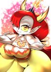  4_fingers big_breasts black_tiara breasts clothing cocco disney eyelashes fangs female fingers fire hair hands_in_front heart_gesture hekapoo hi_res horn horned_humanoid humanoid humanoid_pointy_ears lips long_hair looking_at_viewer not_furry orange_eyes pale_skin red_hair smile solo star_vs._the_forces_of_evil teeth yellow_sclera 