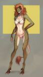  angry annoyed anthro avian bikini bird brown_body claws clothing dinosaur dromaeosaurid fangs female green_body hair hair_over_eye hand_on_hip hi_res lethal_doors looking_at_viewer markings melody_(user_55) one_eye_obstructed orange_hair panties pinup pose red_hair reptile scale_markings scales scalie simple_background smile smirk solo string_bikini swimwear tail tail_motion tailwag talons tan_body teeth theropod underwear velociraptor yellow_eyes 