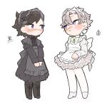  2boys alternate_costume apron bangs black_apron black_dress black_footwear black_hair black_pantyhose blush boots bow bowtie brothers chibi closed_mouth cross-laced_footwear crossdressing dress enmaided eye_contact frilled_apron frills frown full_body grey_dress grey_footwear grey_hair high_heels highres juliet_sleeves kimetsu_no_yaiba knee_boots lace-up_boots long_sleeves looking_at_another looking_away maid maid_apron maid_headdress male_focus mohawk multiple_boys neck_ribbon own_hands_together pantyhose petticoat puffy_sleeves purple_eyes ribbon ribbon-trimmed_hairband ribbon-trimmed_headwear ribbon_trim scar scar_on_face scar_on_forehead scar_on_nose shinazugawa_genya shinazugawa_sanemi short_dress short_hair siblings sideways_glance standing swept_bangs v_arms white_apron white_bow white_bowtie white_dress white_pantyhose zooooo_co 