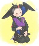  &gt;_&lt; 1boy :&lt; animal animal_on_shoulder bird bird_on_lap bird_on_shoulder black_hair black_pants chick closed_eyes demon_slayer_uniform facing_viewer full_body kimetsu_no_yaiba long_sleeves male_focus medium_hair mohawk no_shoes nuzzle pants purple_vest scar scar_on_face scar_on_nose seiza shinazugawa_genya sitting socks tabi vest white_socks yellow_background zooooo_co 