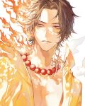  1boy bead_necklace beads black_hair fiery_hair fire freckles highres jewelry male_focus necklace one_piece open_clothes open_shirt portgas_d._ace short_hair solo sqloveraven upper_body 