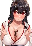  1girl bangs black_hair blush breasts chocolate chocolate_on_body chocolate_on_breasts closed_mouth collarbone detached_sleeves food_on_body hair_between_eyes hair_ornament highres japanese_clothes kantai_collection large_breasts miyako_(rgrayt) red_eyes ribbon-trimmed_sleeves ribbon_trim short_hair simple_background solo upper_body white_background white_sleeves wide_sleeves yamashiro_(kancolle) 
